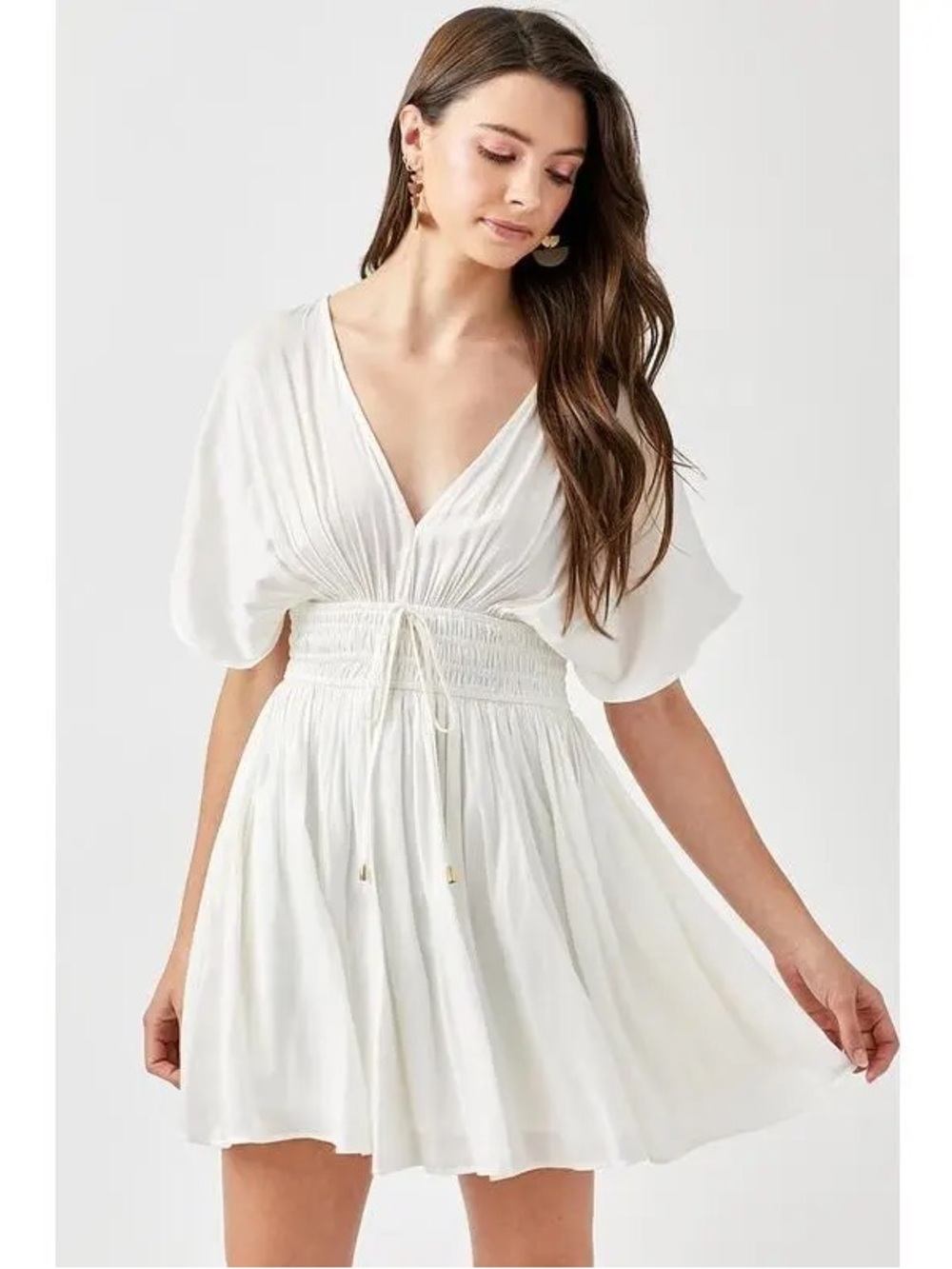 Mustard Seed White V-Neck Smocked Waist Mini Dress